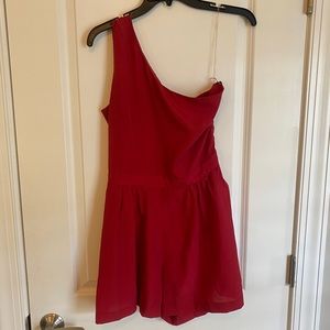 Red one shoulder romper with pockets